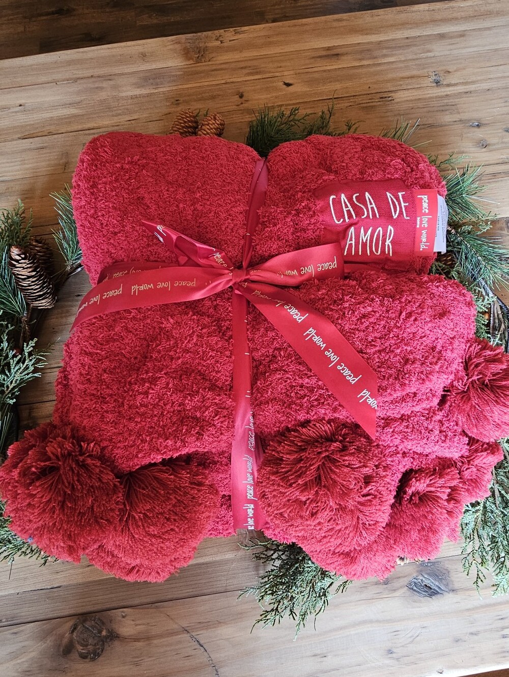Peace Love World Christmas Red Pom Pom Cable Knit Blanket Brand New